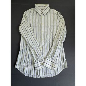 EXPRESS 1MX Mens M Fitted Stretch Cotton Striped Dress Shirt Green‎ White